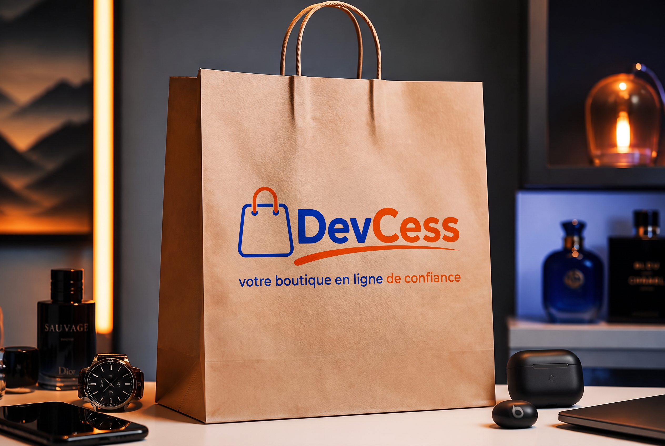 Sac de shopping Devcess entouré de produits high-tech et parfum
